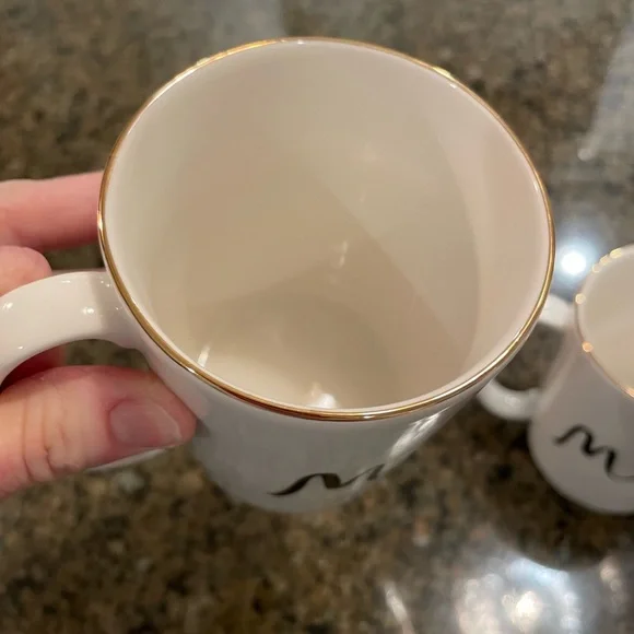 Kate Spade New York Lenox White Porcelain Mugs Set of 2 Gold rim, 12 oz Mr Mrs - Picture 5 of 8